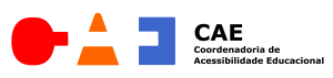 Logotipo da CAE Descrição: A logo é composta por três formas geométricas derivadas do espaço vazio das letras “C”, “A” e “E”. Elas tem as cores vermelha, laranja e azul; respectivamente. Na direita das formas está escrito em preto: “CAE coordenadoria de acessibilidade educacional”